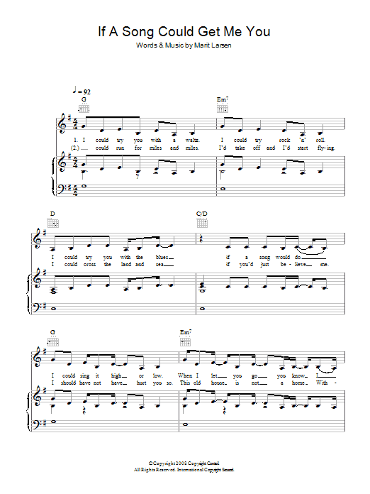 Marit Larsen If A Song Could Get Me You Sheet Music Notes & Chords for Piano, Vocal & Guitar (Right-Hand Melody) - Download or Print PDF