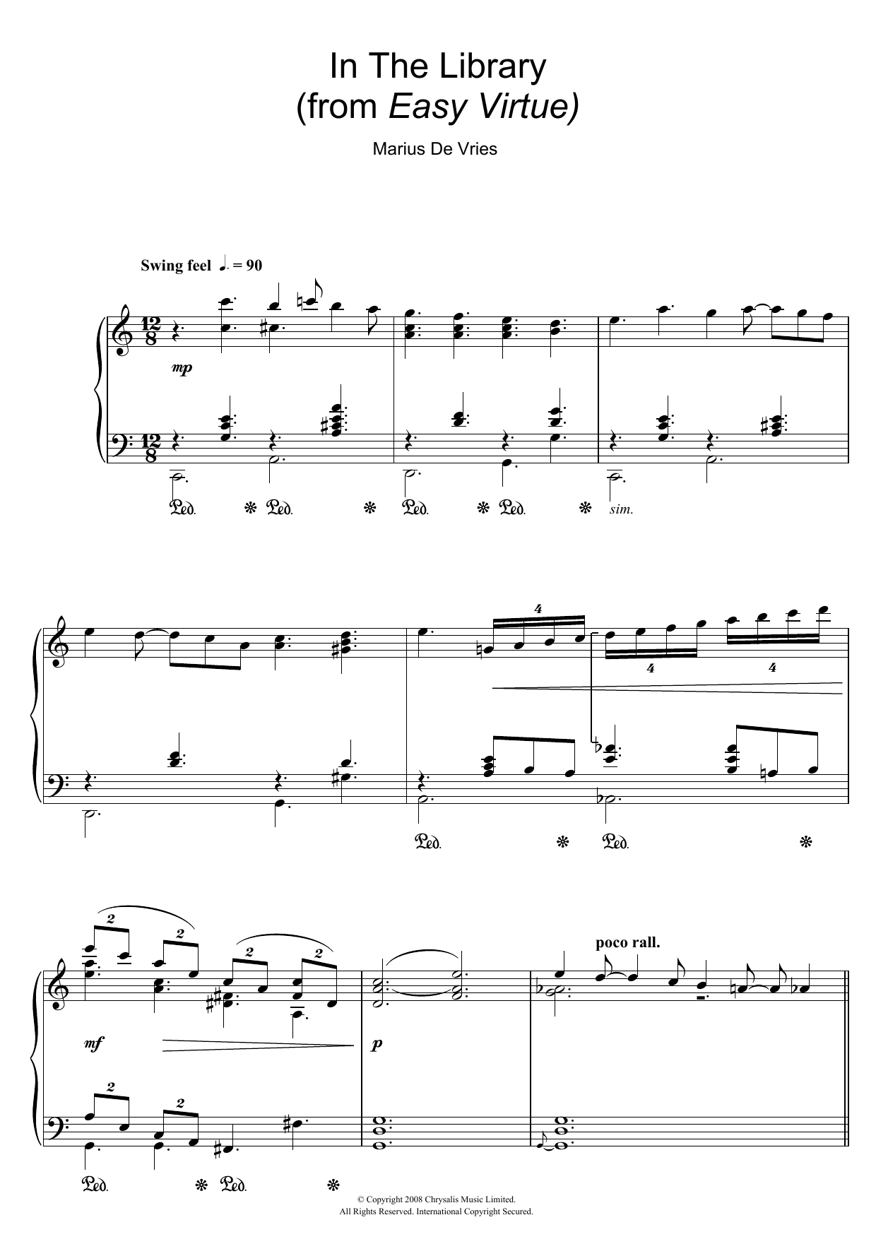 Marius De Vries In The Library (from Easy Virtue) Sheet Music Notes & Chords for Piano - Download or Print PDF