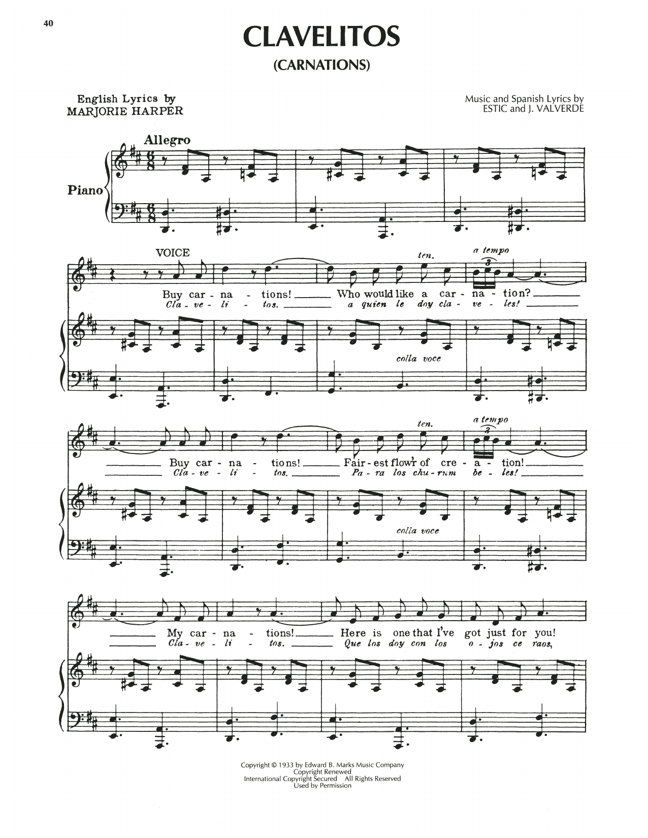 Marjorie Harper Clavelitos Sheet Music Notes & Chords for Piano, Vocal & Guitar Chords (Right-Hand Melody) - Download or Print PDF
