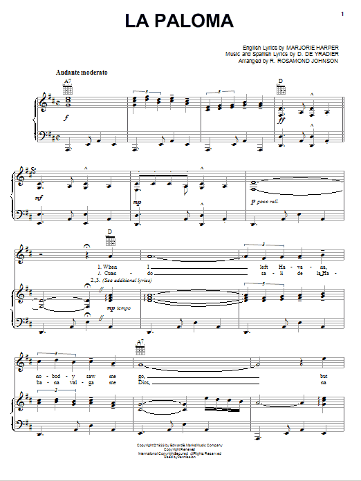Marjorie Harper La Paloma Sheet Music Notes & Chords for Piano, Vocal & Guitar (Right-Hand Melody) - Download or Print PDF