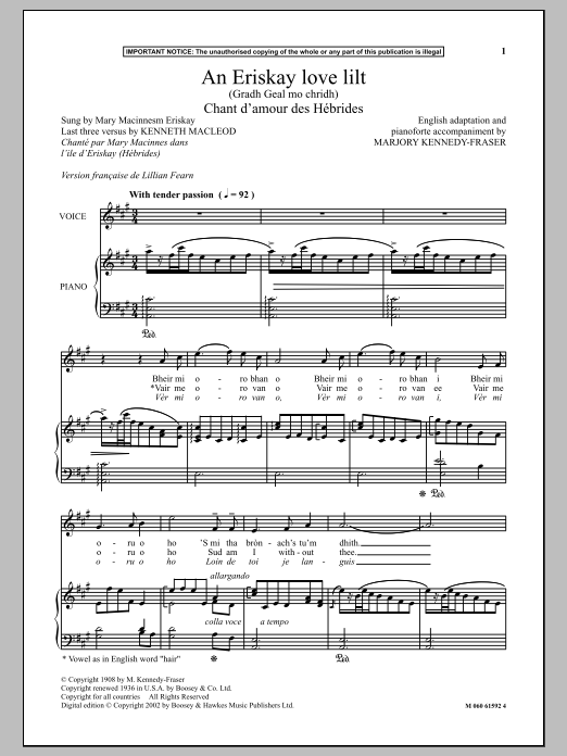 Marjory Kennedy-Fraser An Eriskay Love Lilt (Gradh Geal Mo Chridh) - Chant D Amour Des Hebrides Sheet Music Notes & Chords for Piano & Vocal - Download or Print PDF