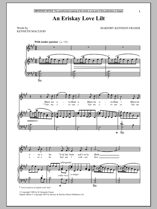 Marjory Kennedy-Fraser An Eriskay Love Lilt Sheet Music Notes & Chords for Piano & Vocal - Download or Print PDF