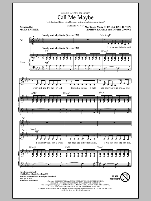 Mark Brymer Call Me Maybe Sheet Music Notes & Chords for 2-Part Choir - Download or Print PDF
