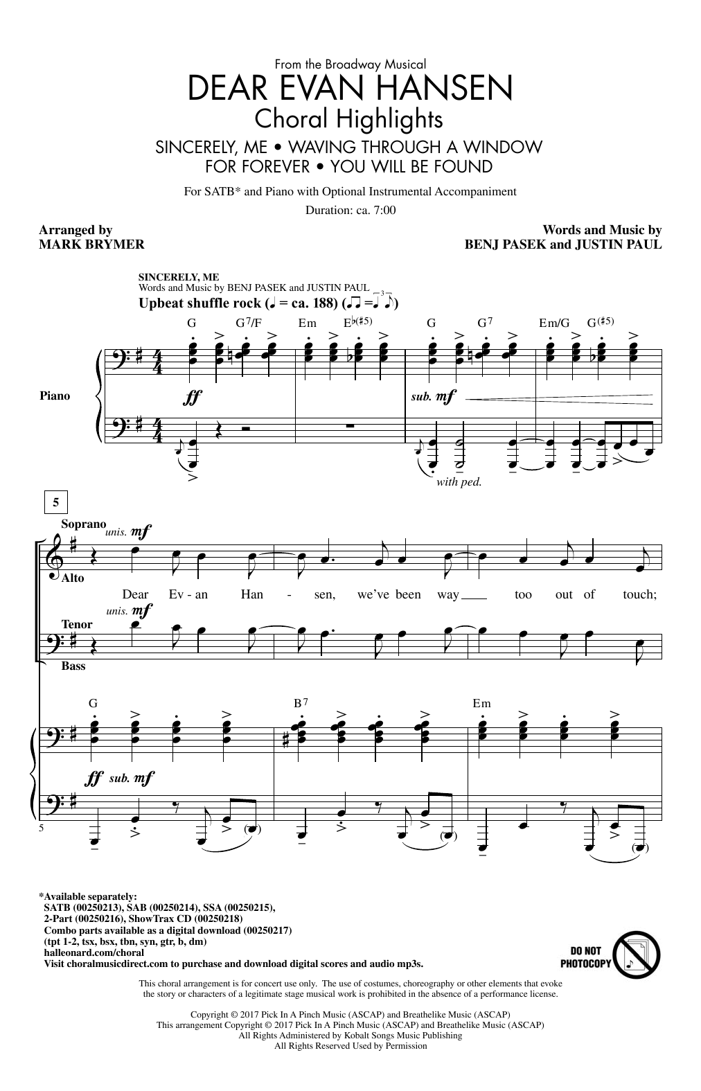 Mark Brymer Dear Evan Hansen (Choral Highlights) Sheet Music Notes & Chords for SATB - Download or Print PDF