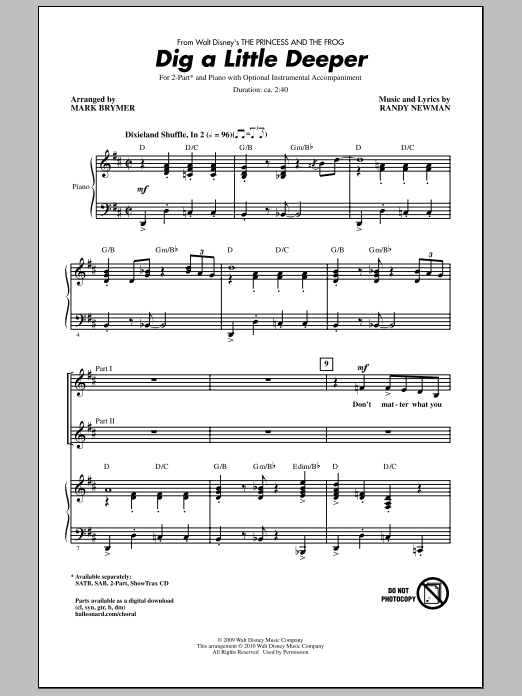Mark Brymer Dig A Little Deeper (from The Princess And The Frog) Sheet Music Notes & Chords for 2-Part Choir - Download or Print PDF