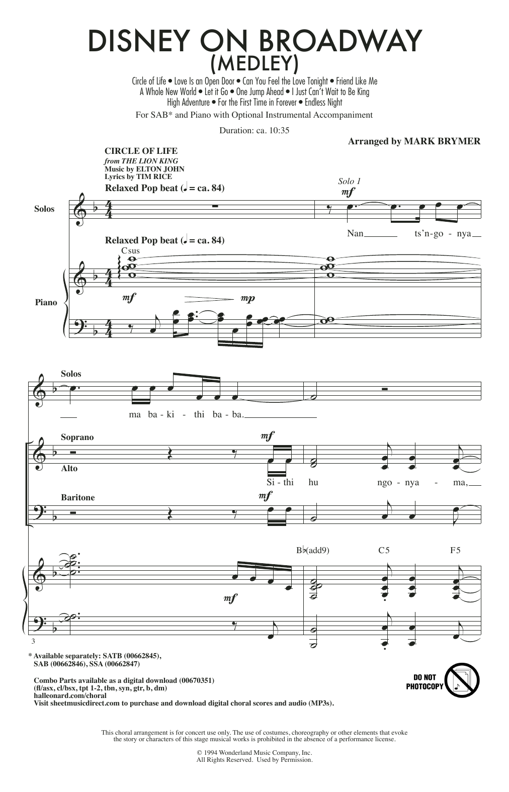 Mark Brymer Disney On Broadway (Medley) Sheet Music Notes & Chords for SAB Choir - Download or Print PDF