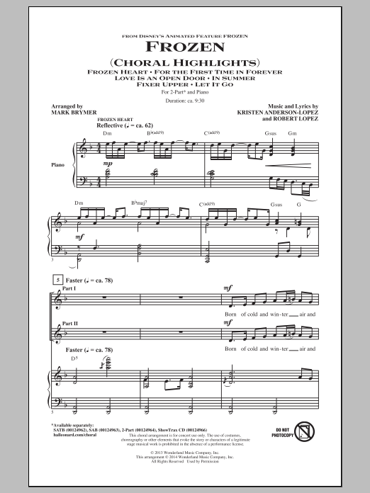 Robert Lopez Frozen (Choral Highlights) (arr. Mark Brymer) Sheet Music Notes & Chords for 2-Part Choir - Download or Print PDF