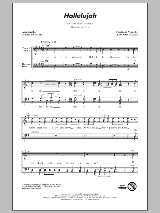 Leonard Cohen Hallelujah (arr. Mark Brymer) Sheet Music Notes & Chords for TTBB - Download or Print PDF