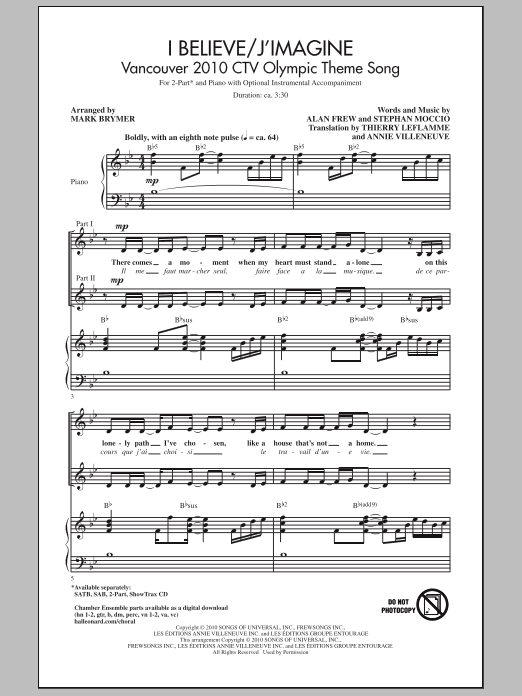 Mark Brymer I Believe / J'Imagine Sheet Music Notes & Chords for 2-Part Choir - Download or Print PDF