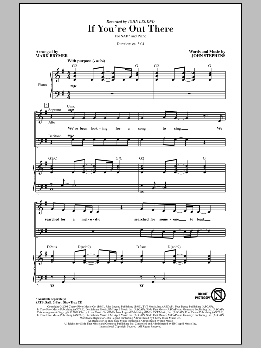 Mark Brymer If You're Out There Sheet Music Notes & Chords for SAB - Download or Print PDF