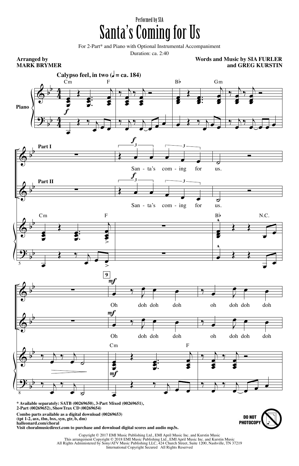 Mark Brymer Santa's Coming For Us Sheet Music Notes & Chords for 2-Part Choir - Download or Print PDF