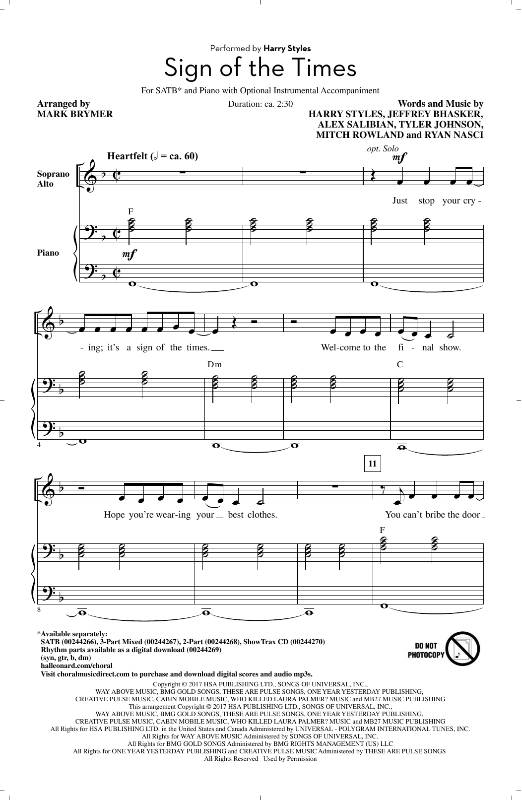 Mark Brymer Sign Of The Times Sheet Music Notes & Chords for SATB - Download or Print PDF