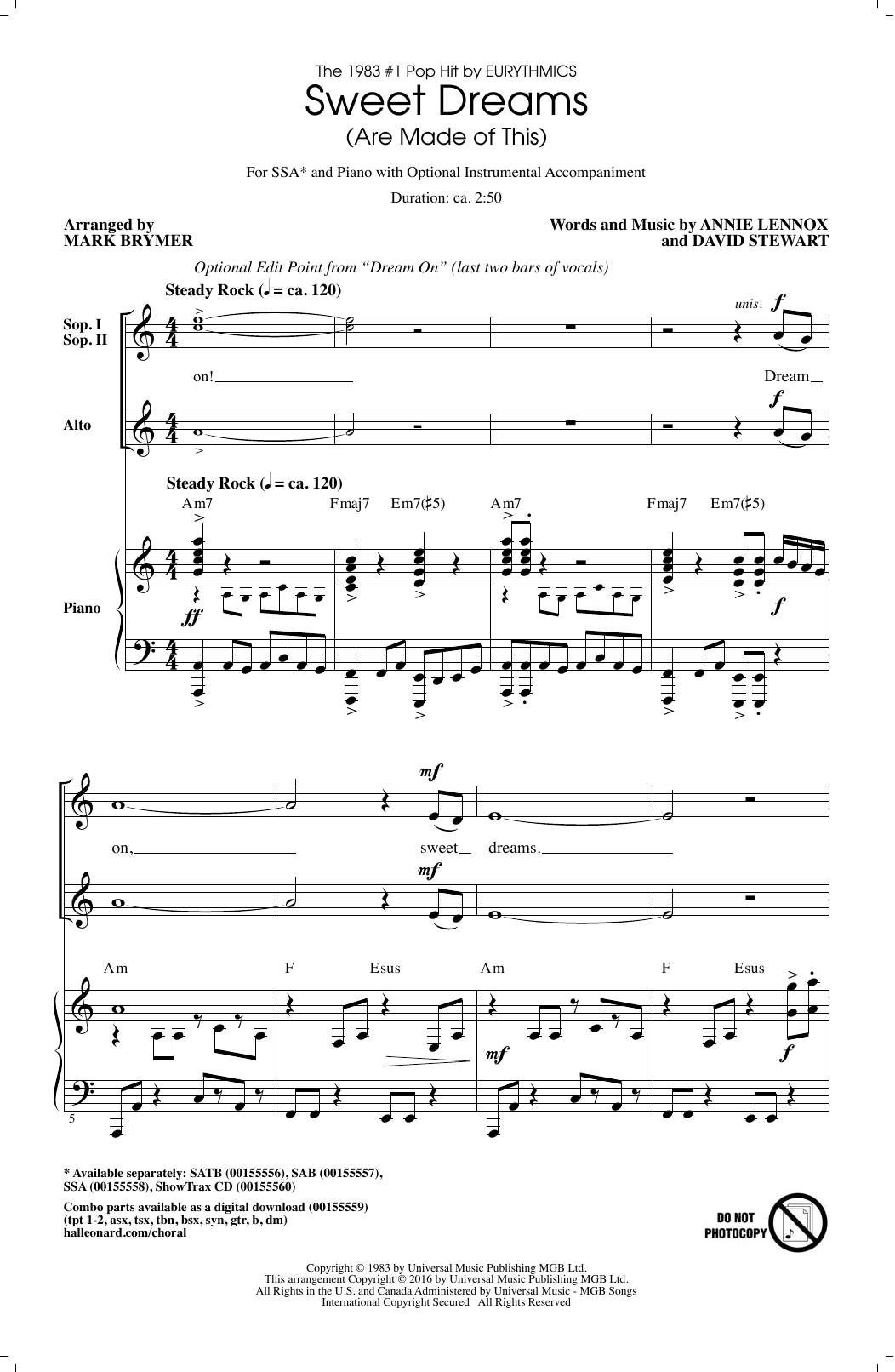 Mark Brymer Sweet Dreams (Are Made Of This) Sheet Music Notes & Chords for SSA - Download or Print PDF