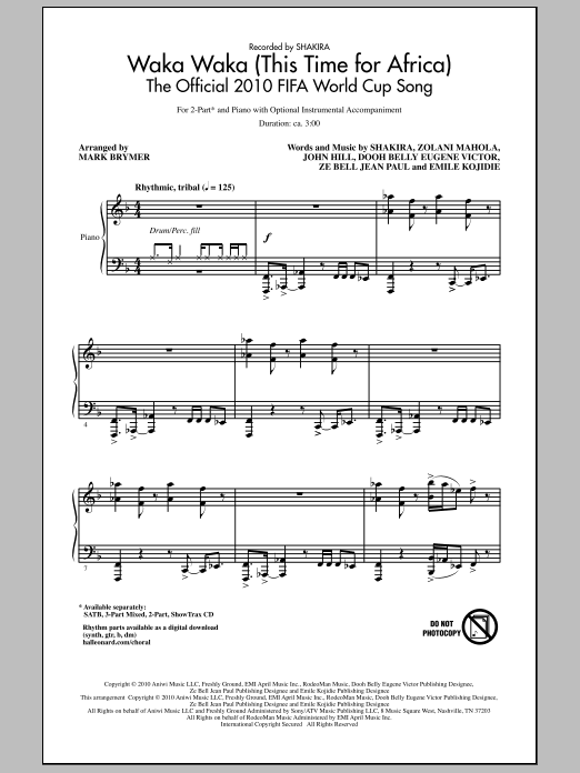 Mark Brymer Waka Waka (This Time For Africa) - The Official 2010 FIFA World Cup Song Sheet Music Notes & Chords for 2-Part Choir - Download or Print PDF