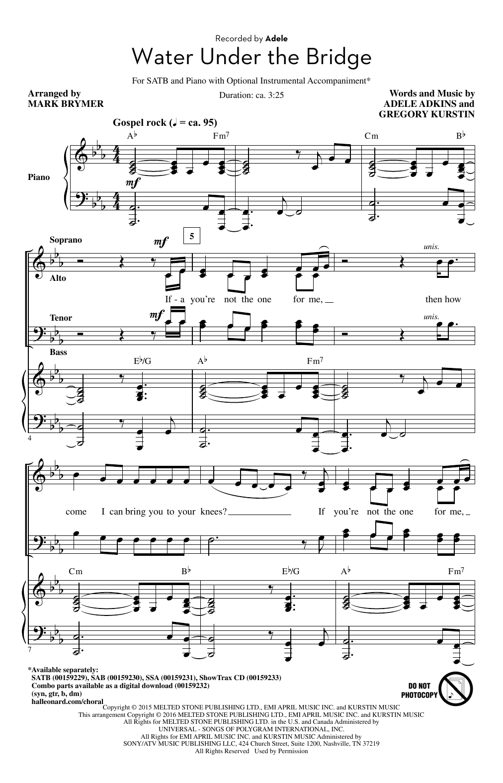 Adele Water Under The Bridge (arr. Mark Brymer) Sheet Music Notes & Chords for SATB - Download or Print PDF