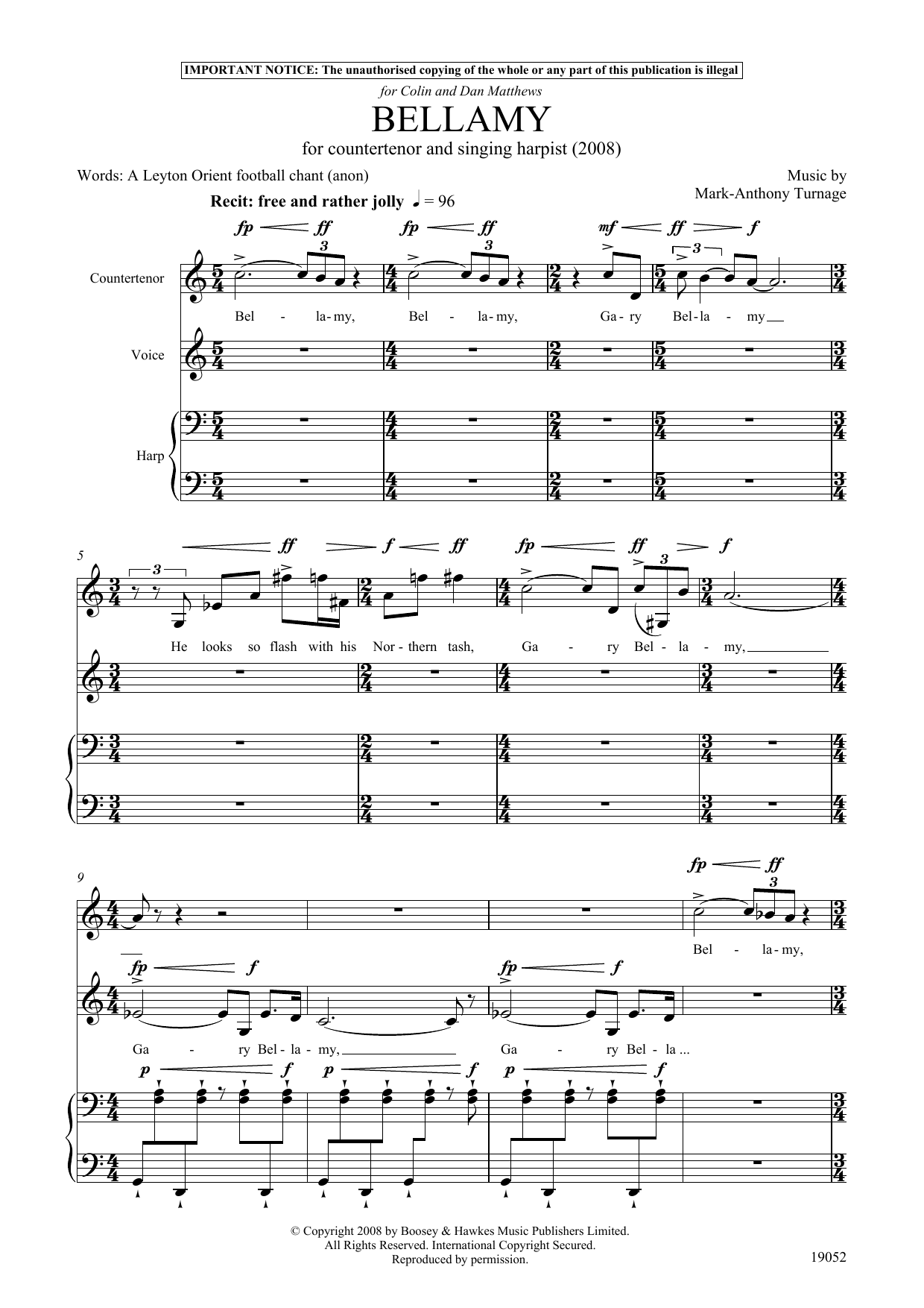 Mark-Anthony Turnage Bellamy (for counter-tenor, tenor and harp) Sheet Music Notes & Chords for Piano & Vocal - Download or Print PDF