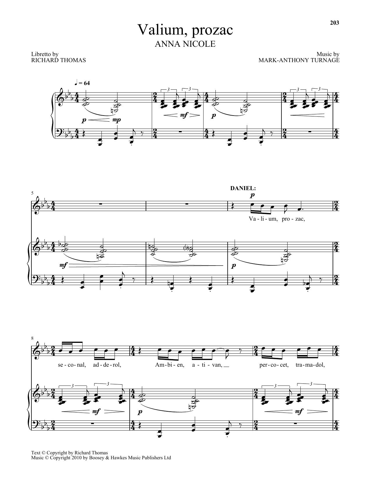 Mark-Anthony Turnage Valium, Prozac Sheet Music Notes & Chords for Piano & Vocal - Download or Print PDF Mark-Anthony Turnage Valium, Prozac Sheet Music Notes & Chords for Piano & Vocal - Download or Print PDF