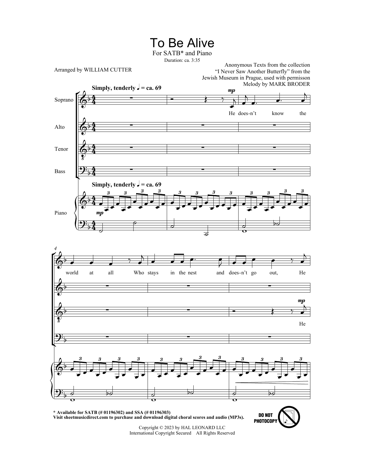 Mark Broder To Be Alive (Birdsong) (arr. Bill Cutler) Sheet Music Notes & Chords for SATB Choir - Download or Print PDF