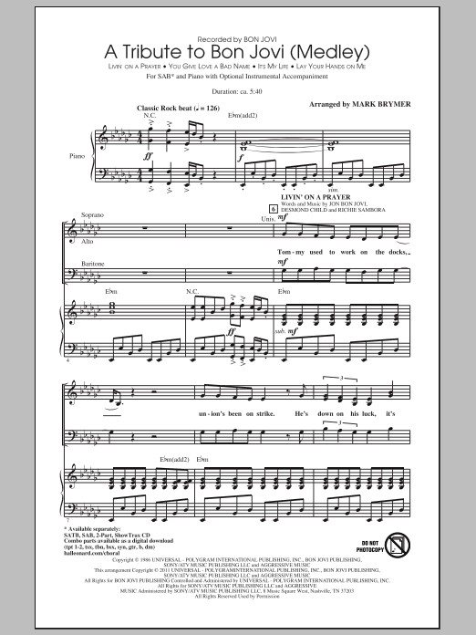 Mark Brymer A Tribute To Bon Jovi (Medley) Sheet Music Notes & Chords for SAB - Download or Print PDF