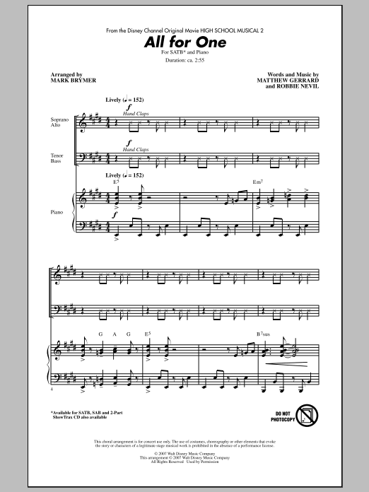 Mark Brymer All For One (from High School Musical 2) Sheet Music Notes & Chords for SAB - Download or Print PDF