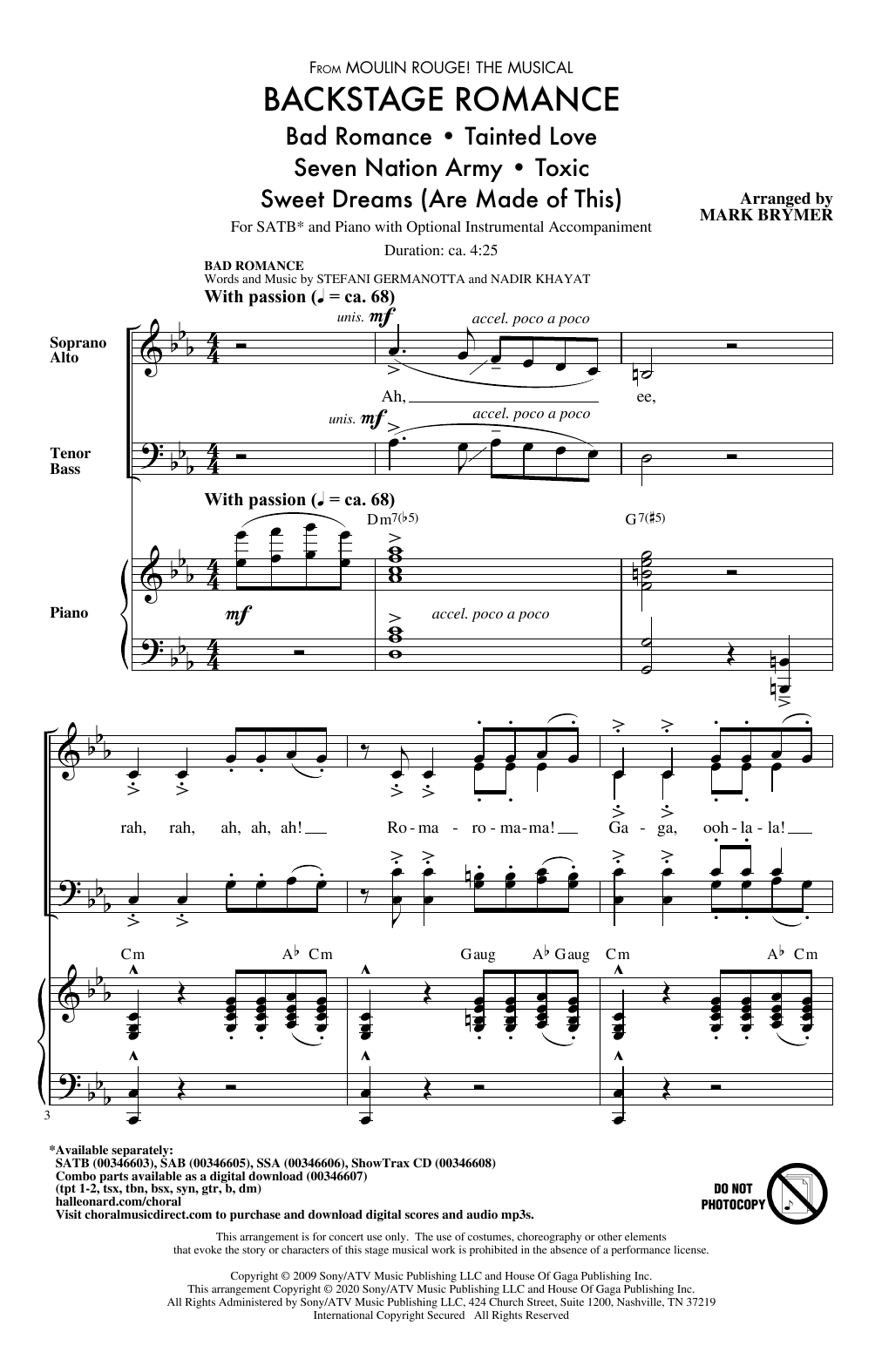 Mark Brymer Backstage Romance (from Moulin Rouge! The Musical) Sheet Music Notes & Chords for SAB Choir - Download or Print PDF Mark Brymer Backstage Romance (from Moulin Rouge! The Musical) Sheet Music Notes & Chords for SAB Choir - Download or Print PDF