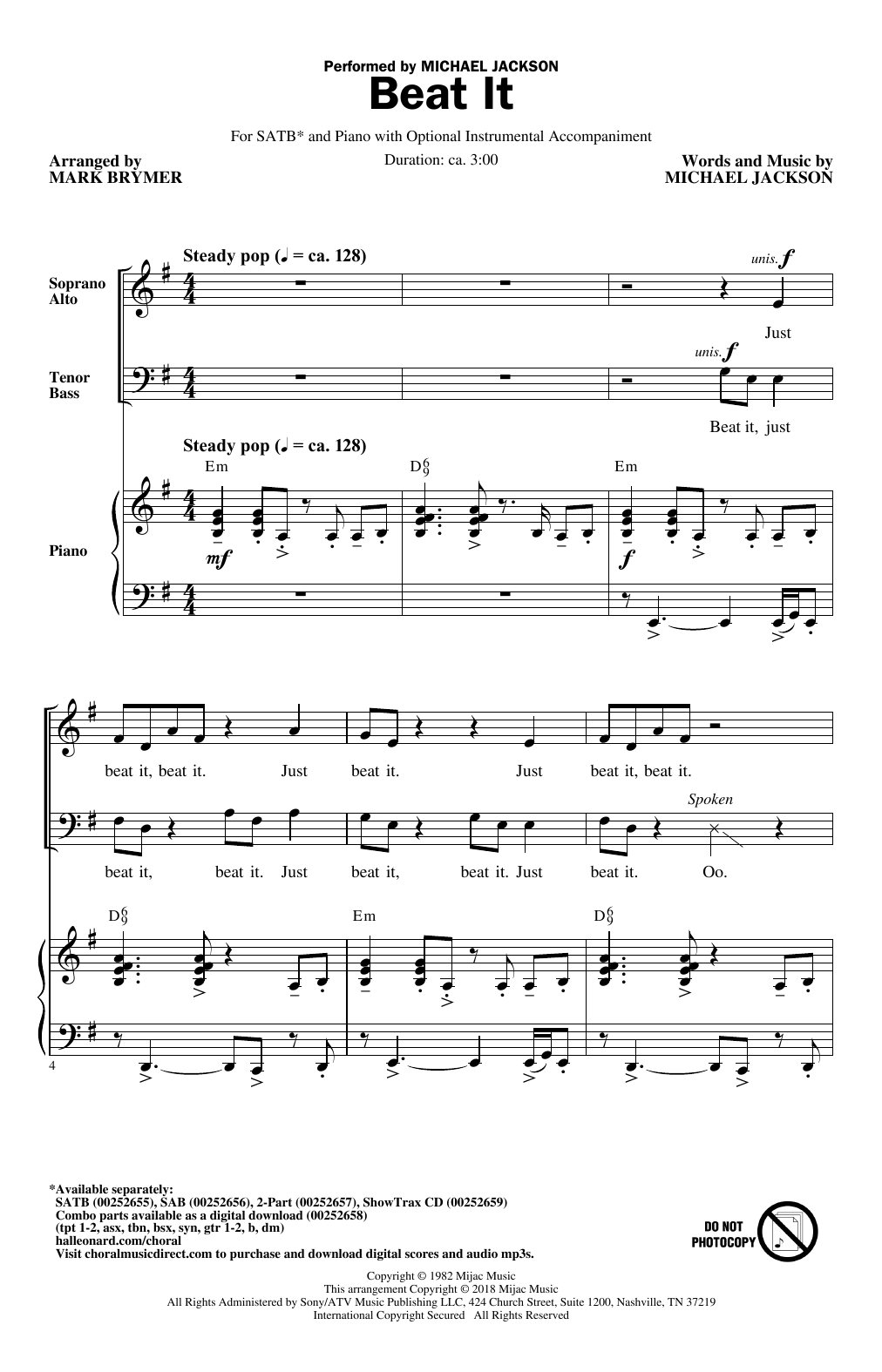 Mark Brymer Beat It Sheet Music Notes & Chords for SAB - Download or Print PDF