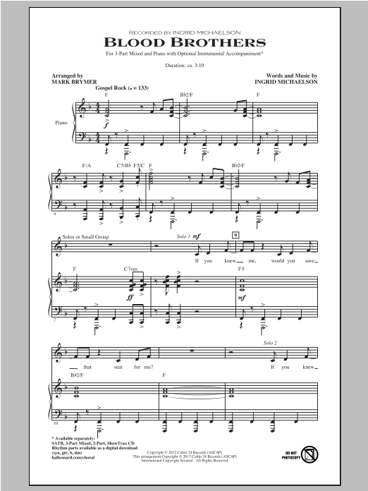 Ingrid Michaelson Blood Brothers (arr. Mark Brymer) Sheet Music Notes & Chords for SATB - Download or Print PDF