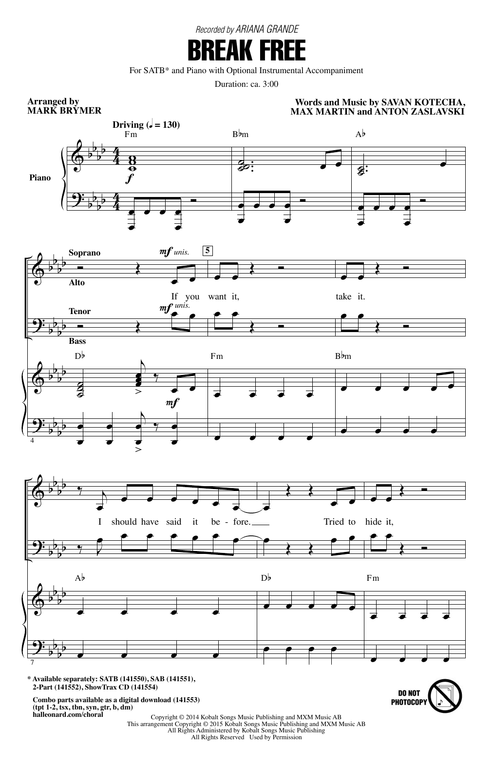 Ariana Grande Break Free (feat. Zedd) (arr. Mark Brymer) Sheet Music Notes & Chords for 2-Part Choir - Download or Print PDF