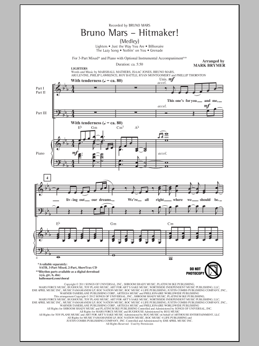 Mark Brymer Bruno Mars: Hitmaker! (Medley) Sheet Music Notes & Chords for 3-Part Mixed - Download or Print PDF