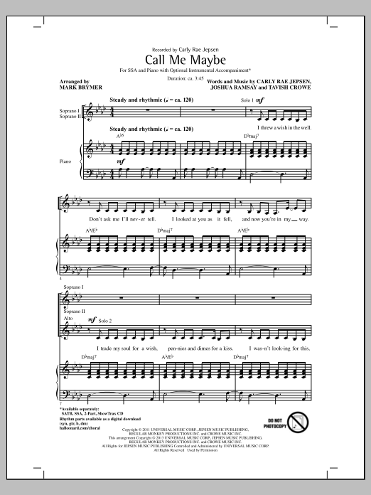 Carly Rae Jepsen Call Me Maybe (arr. Mark Brymer) Sheet Music Notes & Chords for SATB - Download or Print PDF