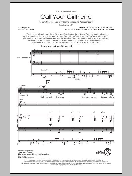 Mark Brymer Call Your Girlfriend Sheet Music Notes & Chords for SSA - Download or Print PDF