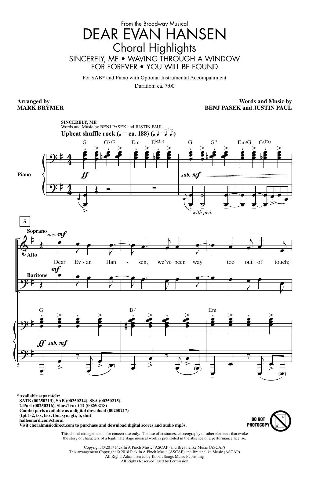 Mark Brymer Dear Evan Hansen (Choral Highlights) Sheet Music Notes & Chords for 2-Part Choir - Download or Print PDF