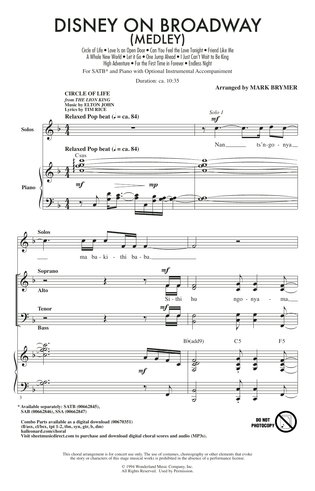 Mark Brymer Disney On Broadway (Medley) Sheet Music Notes & Chords for SAB Choir - Download or Print PDF