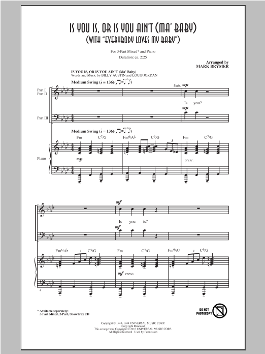 Louis Jordan Is You Is, Or Is You Ain't (Ma' Baby) (arr. Mark Brymer) Sheet Music Notes & Chords for 2-Part Choir - Download or Print PDF