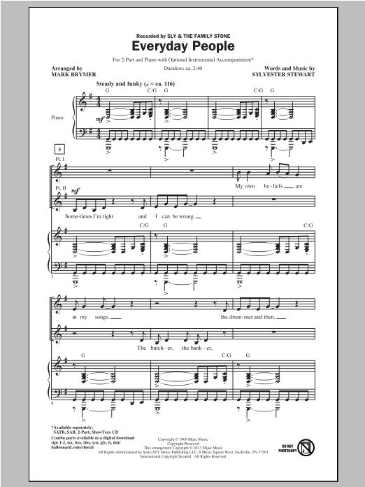 Sly & The Family Stone Everyday People (arr. Mark Brymer) Sheet Music Notes & Chords for 2-Part Choir - Download or Print PDF