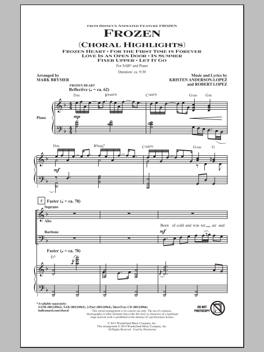 Robert Lopez Frozen (Choral Highlights) (arr. Mark Brymer) Sheet Music Notes & Chords for 2-Part Choir - Download or Print PDF