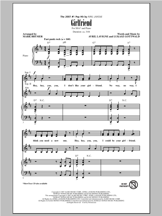 Avril Lavigne Girlfriend (arr. Mark Brymer) Sheet Music Notes & Chords for SSA - Download or Print PDF