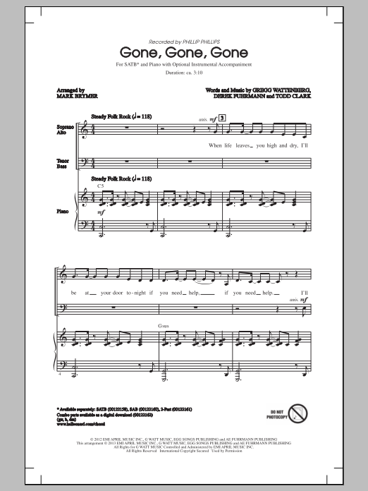 Phillip Phillips Gone, Gone, Gone (arr. Mark Brymer) Sheet Music Notes & Chords for SAB - Download or Print PDF