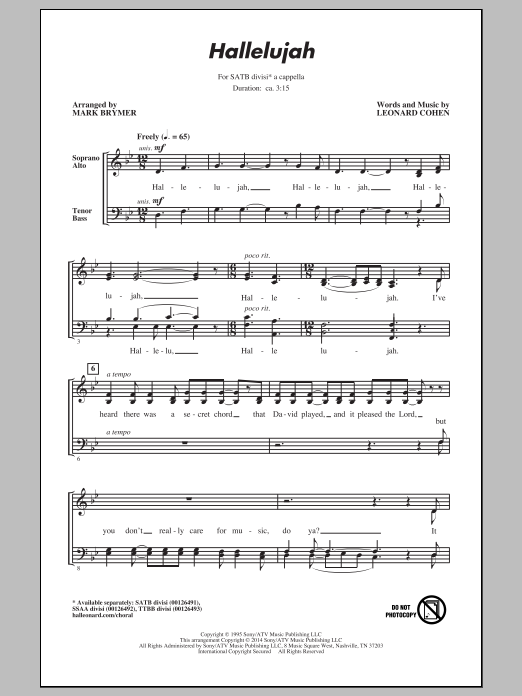Leonard Cohen Hallelujah (arr. Mark Brymer) Sheet Music Notes & Chords for TTBB - Download or Print PDF