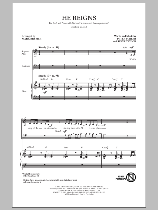 Mark Brymer He Reigns Sheet Music Notes & Chords for SAB - Download or Print PDF