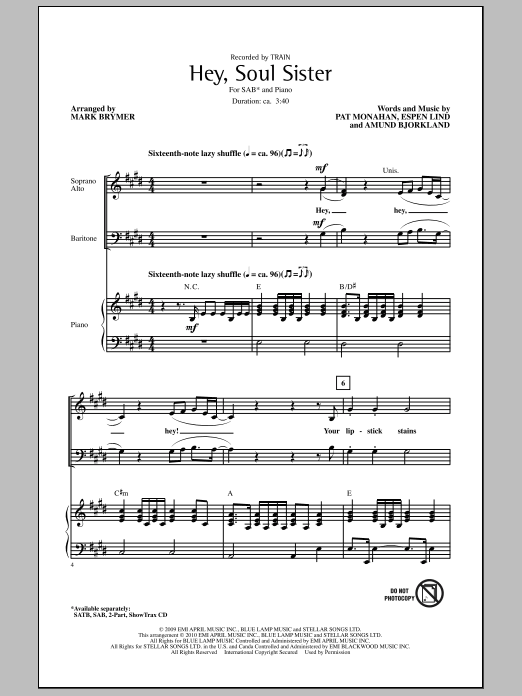 Mark Brymer Hey, Soul Sister Sheet Music Notes & Chords for SATB - Download or Print PDF