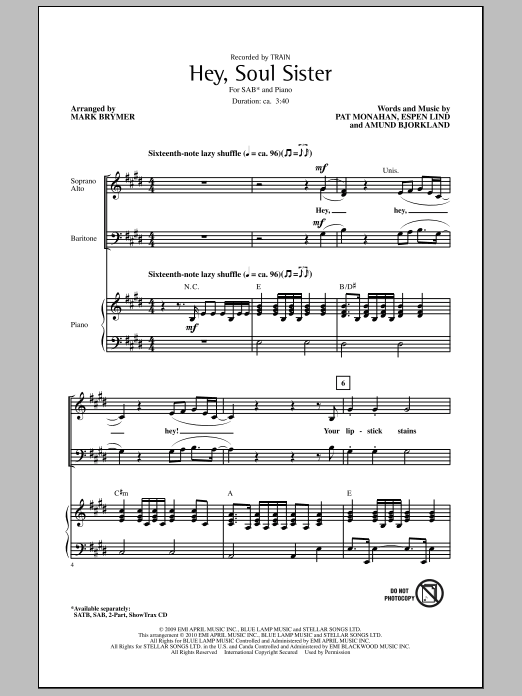 Mark Brymer Hey, Soul Sister Sheet Music Notes & Chords for 2-Part Choir - Download or Print PDF