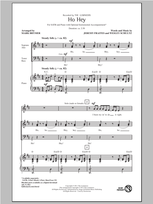 The Lumineers Ho Hey (arr. Mark Brymer) Sheet Music Notes & Chords for 3-Part Mixed - Download or Print PDF