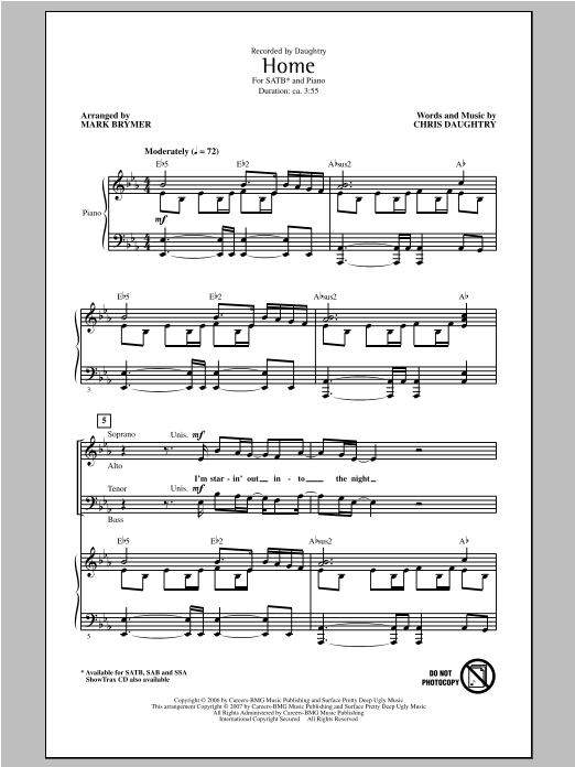 Daughtry Home (arr. Mark Brymer) Sheet Music Notes & Chords for SATB - Download or Print PDF