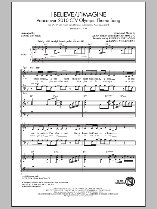 Mark Brymer I Believe / J'Imagine Sheet Music Notes & Chords for 2-Part Choir - Download or Print PDF