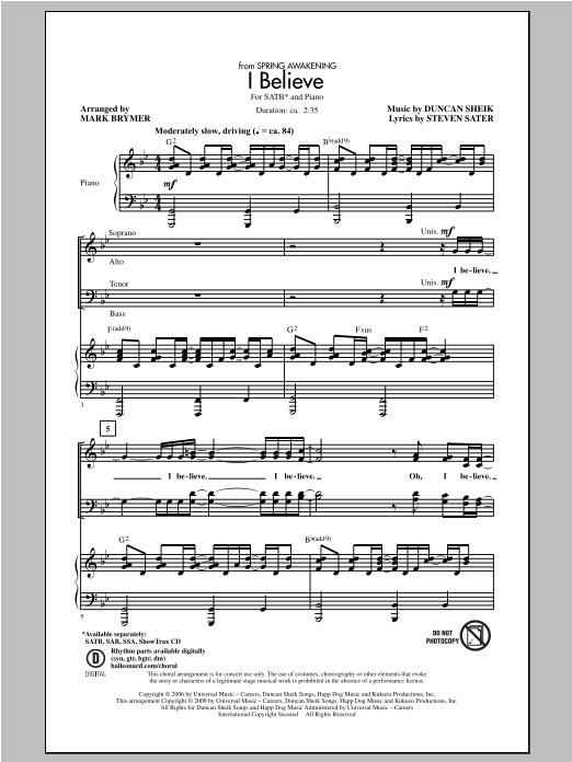 Mark Brymer I Believe (from Spring Awakening) Sheet Music Notes & Chords for SAB - Download or Print PDF