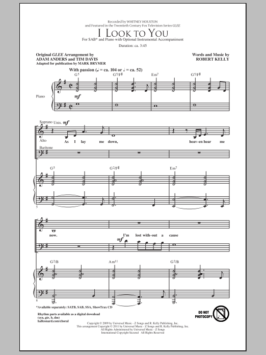 Whitney Houston I Look To You (arr. Mark Brymer) Sheet Music Notes & Chords for SATB - Download or Print PDF
