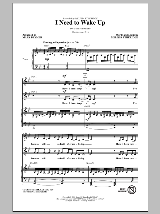 Melissa Etheridge I Need To Wake Up (arr. Mark Brymer) Sheet Music Notes & Chords for SAB - Download or Print PDF