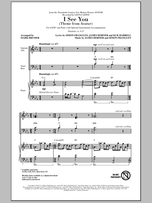 Mark Brymer I See You (Theme from Avatar) Sheet Music Notes & Chords for 2-Part Choir - Download or Print PDF