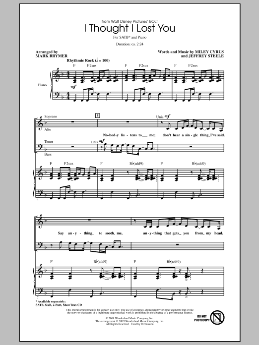Mark Brymer I Thought I Lost You (from Bolt) Sheet Music Notes & Chords for SAB - Download or Print PDF